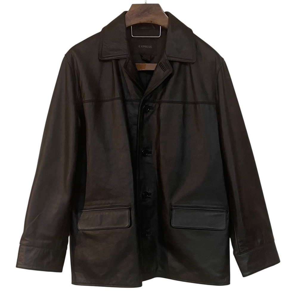 Vtg Express‎ Mens Black Leather Button up Jacket Patch Pockets Y2K Moto Retro XL